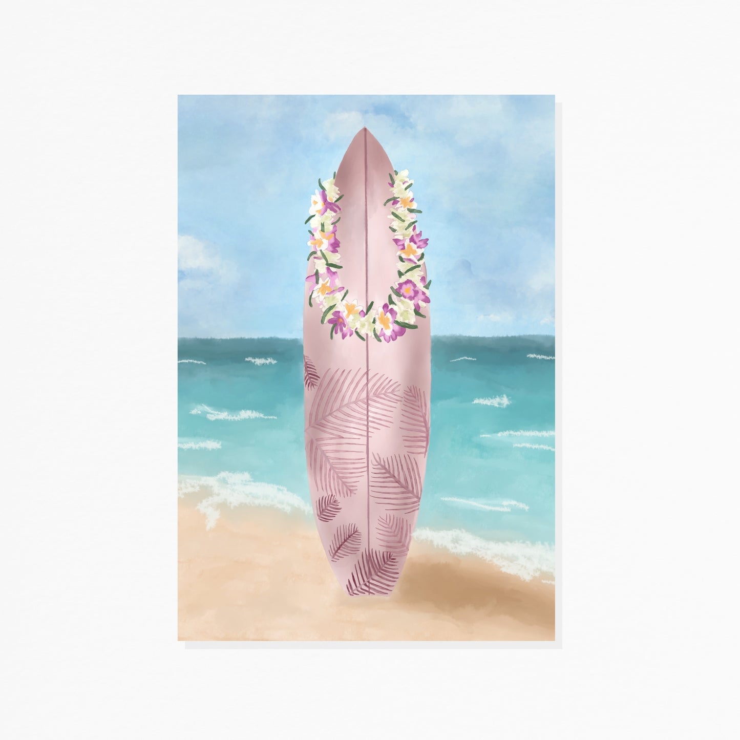 Surfboard & Flower Lei Beach | Art Print