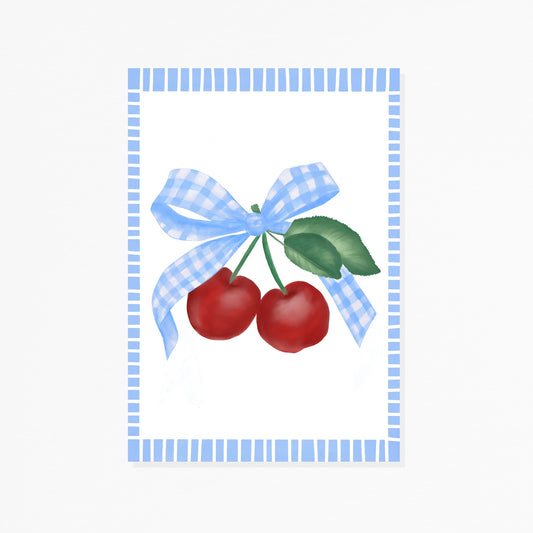 Cherry & Blue Gingham Ribbon Art Print
